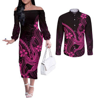 Pink Black Aloha Hawaii Couples Matching Off The Shoulder Long Sleeve Dress and Long Sleeve Button Shirt Polynesian Shark Tattoo With Plumeria - Polynesian Pride