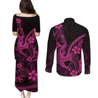 Pink Black Aloha Hawaii Couples Matching Puletasi and Long Sleeve Button Shirt Polynesian Shark Tattoo With Plumeria LT14 - Polynesian Pride