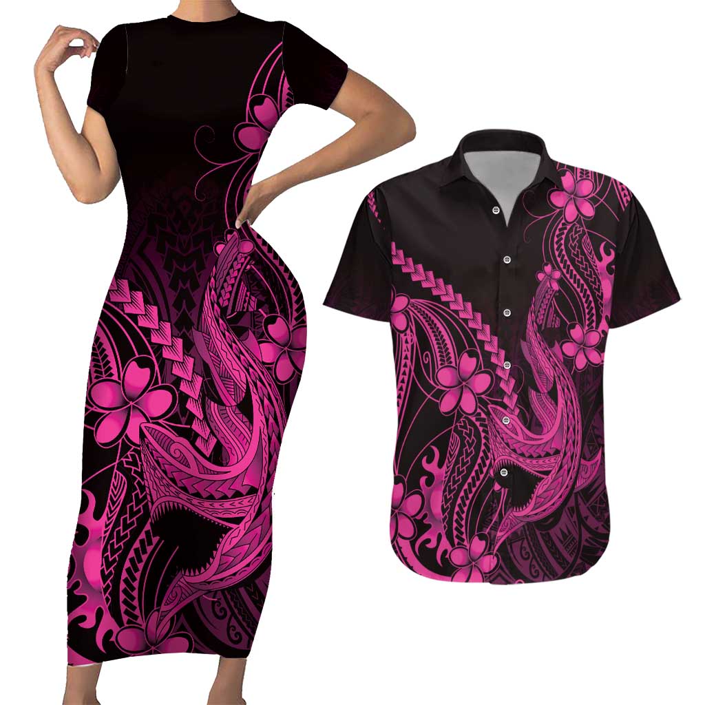 Pink Black Aloha Hawaii Couples Matching Short Sleeve Bodycon Dress and Hawaiian Shirt Polynesian Shark Tattoo With Plumeria - Polynesian Pride