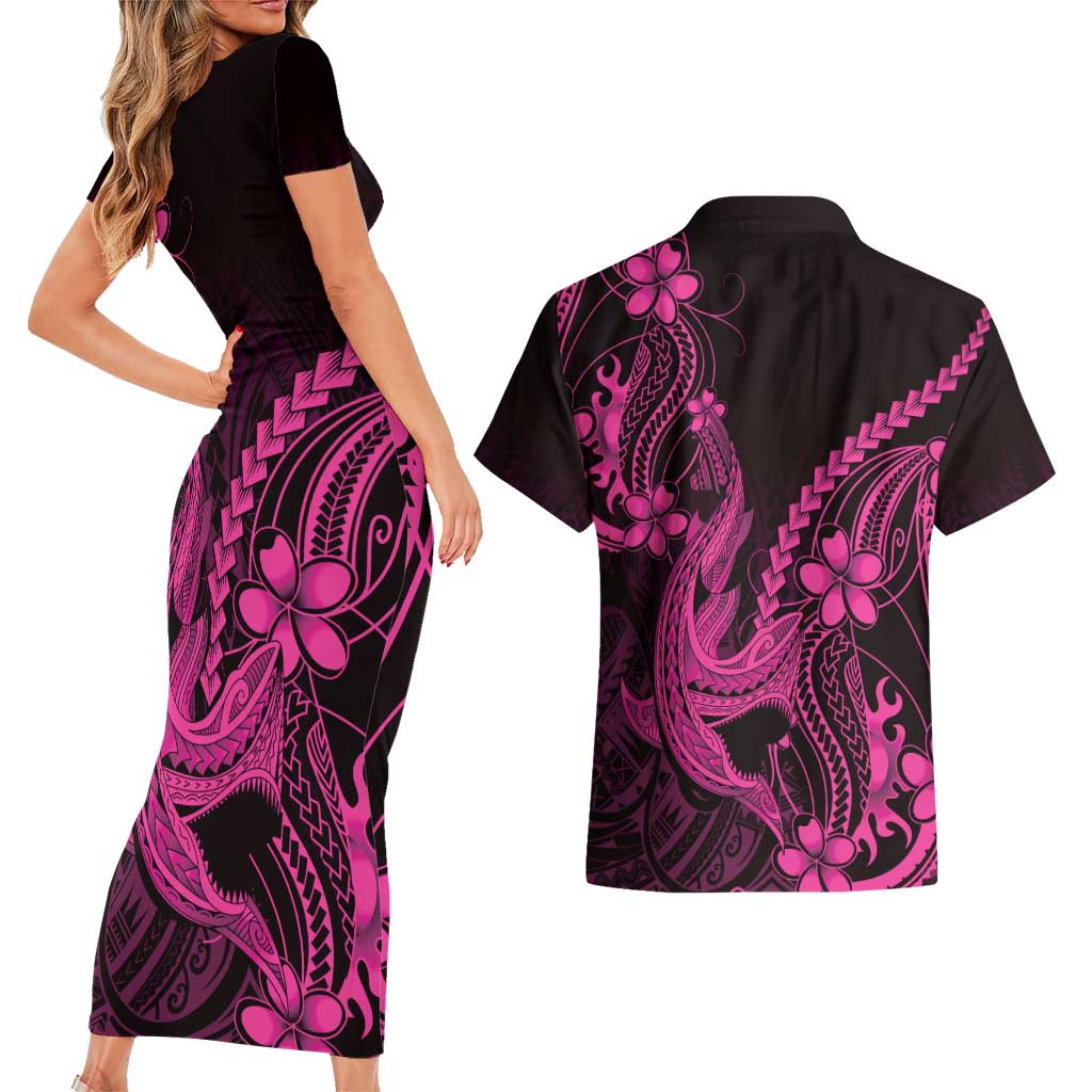 Pink Black Aloha Hawaii Couples Matching Short Sleeve Bodycon Dress and Hawaiian Shirt Polynesian Shark Tattoo With Plumeria - Polynesian Pride