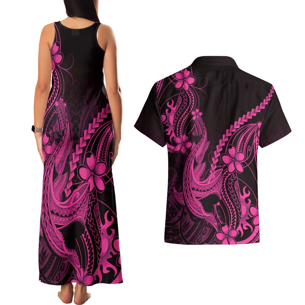Pink Black Aloha Hawaii Couples Matching Tank Maxi Dress and Hawaiian Shirt Polynesian Shark Tattoo With Plumeria - Polynesian Pride