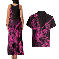 Pink Black Aloha Hawaii Couples Matching Tank Maxi Dress and Hawaiian Shirt Polynesian Shark Tattoo With Plumeria - Polynesian Pride