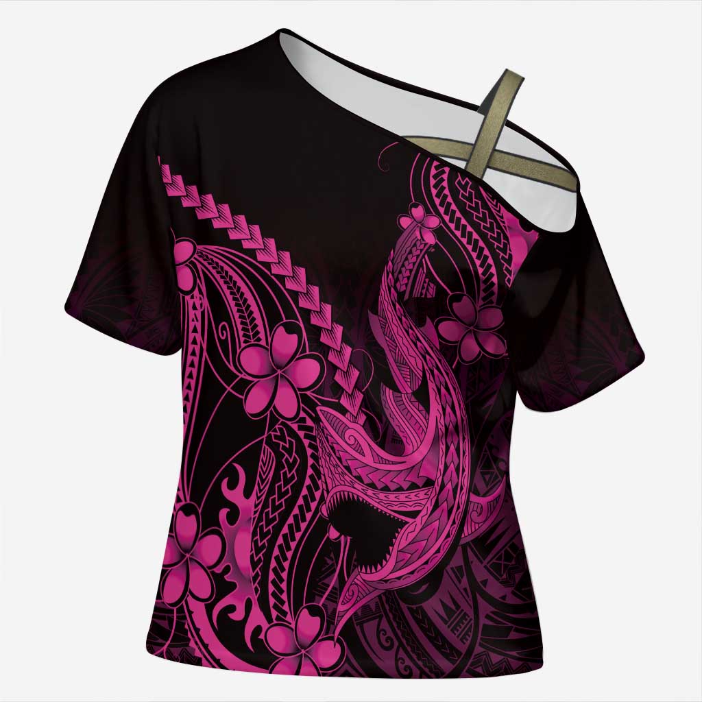 Pink Black Aloha Hawaii Cross Shoulder Shirt Polynesian Shark Tattoo With Plumeria LT14 Female Pink - Polynesian Pride