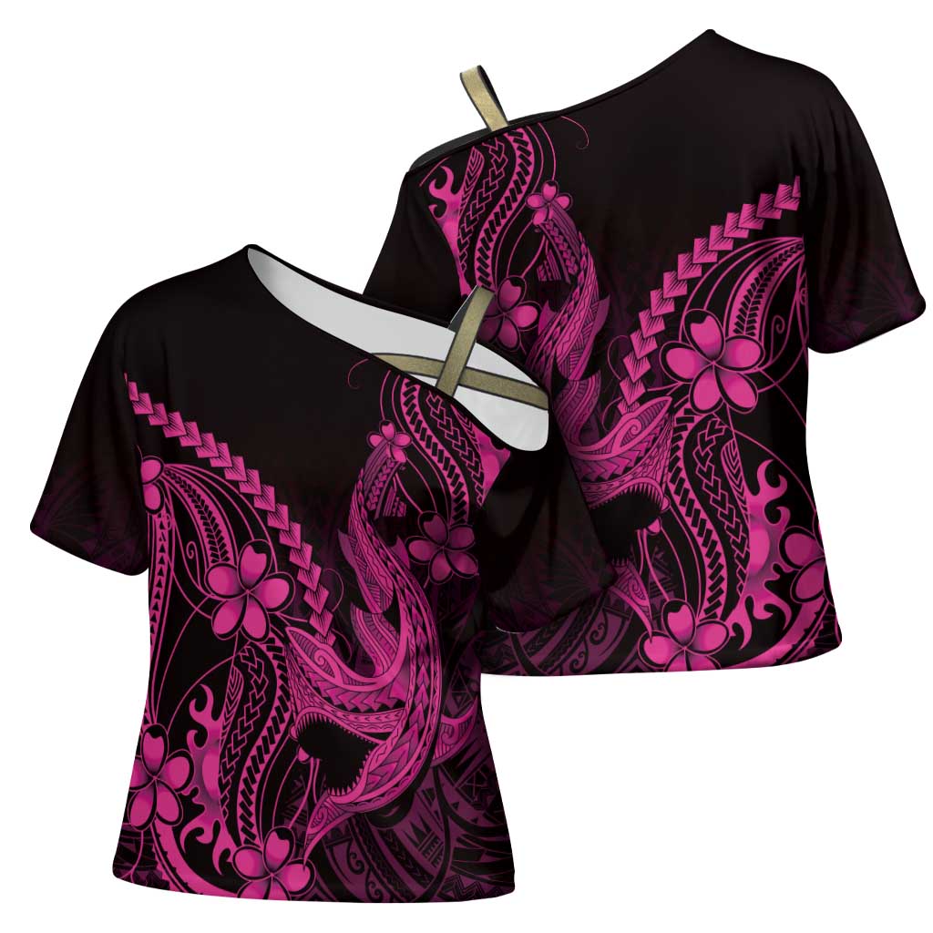 Pink Black Aloha Hawaii Cross Shoulder Shirt Polynesian Shark Tattoo With Plumeria LT14 - Polynesian Pride