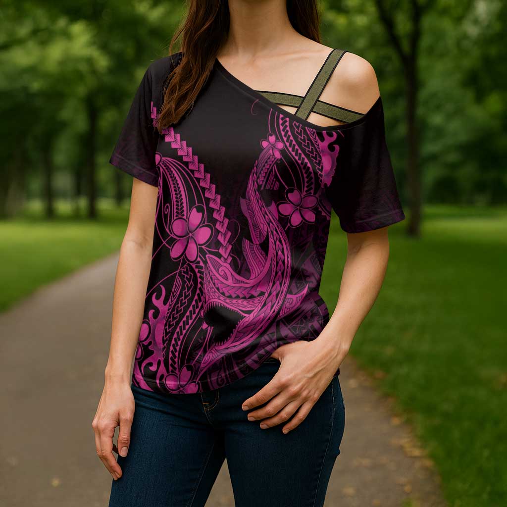 Pink Black Aloha Hawaii Cross Shoulder Shirt Polynesian Shark Tattoo With Plumeria LT14 - Polynesian Pride