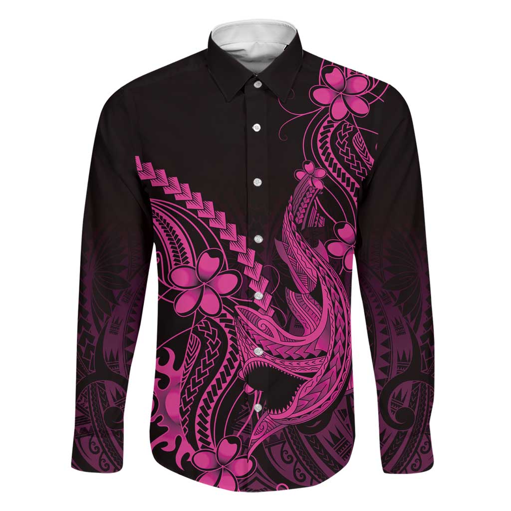 Pink Black Aloha Hawaii Family Matching Off The Shoulder Long Sleeve Dress and Hawaiian Shirt Polynesian Shark Tattoo With Plumeria - Polynesian Pride