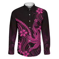 Pink Black Aloha Hawaii Family Matching Off The Shoulder Long Sleeve Dress and Hawaiian Shirt Polynesian Shark Tattoo With Plumeria - Polynesian Pride