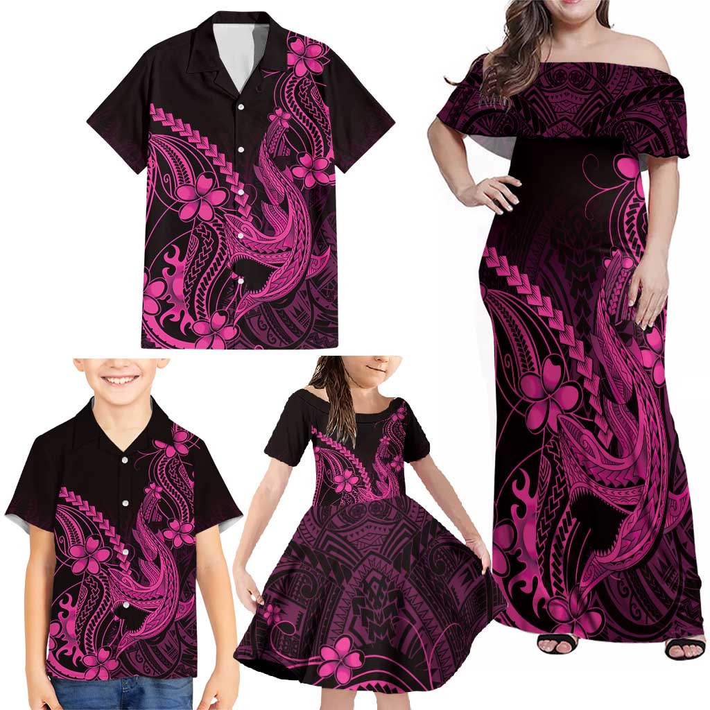 Pink Black Aloha Hawaii Family Matching Off Shoulder Maxi Dress and Hawaiian Shirt Polynesian Shark Tattoo With Plumeria - Polynesian Pride