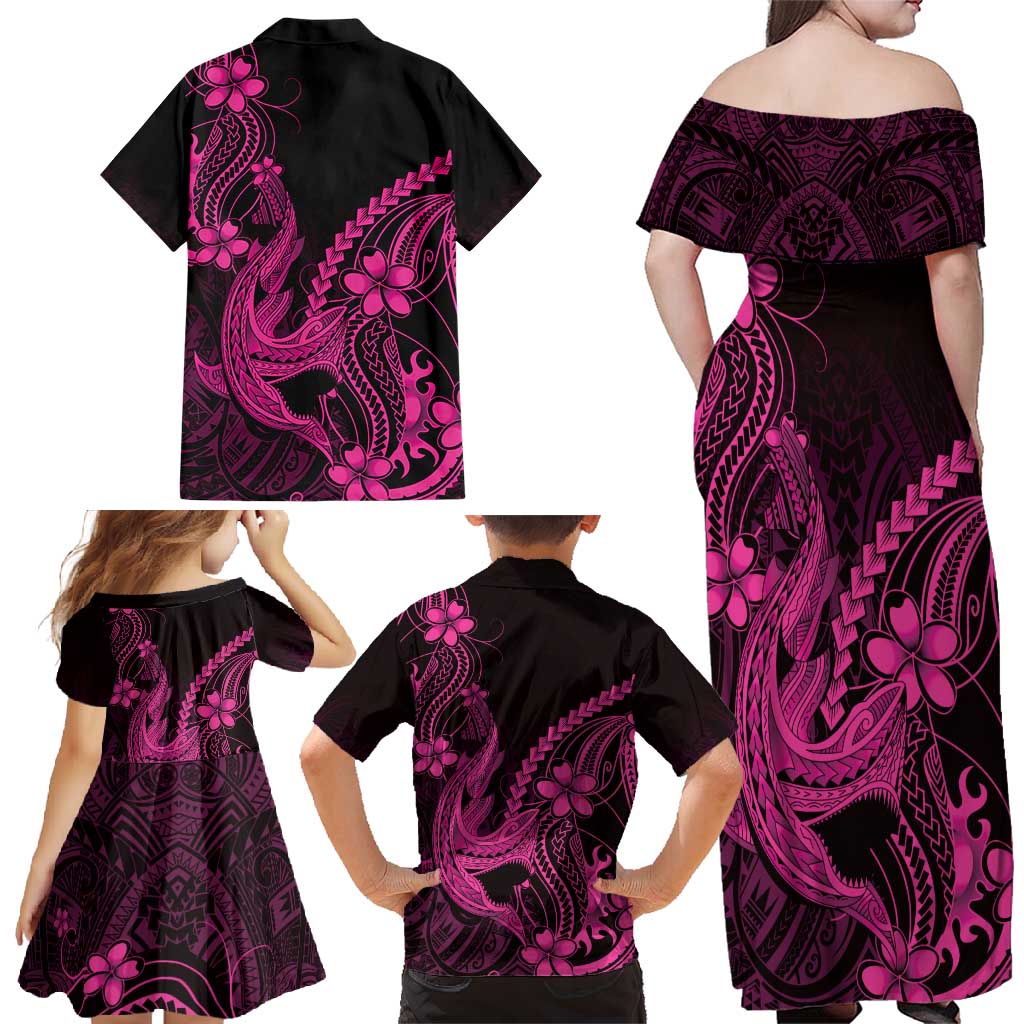 Pink Black Aloha Hawaii Family Matching Off Shoulder Maxi Dress and Hawaiian Shirt Polynesian Shark Tattoo With Plumeria - Polynesian Pride