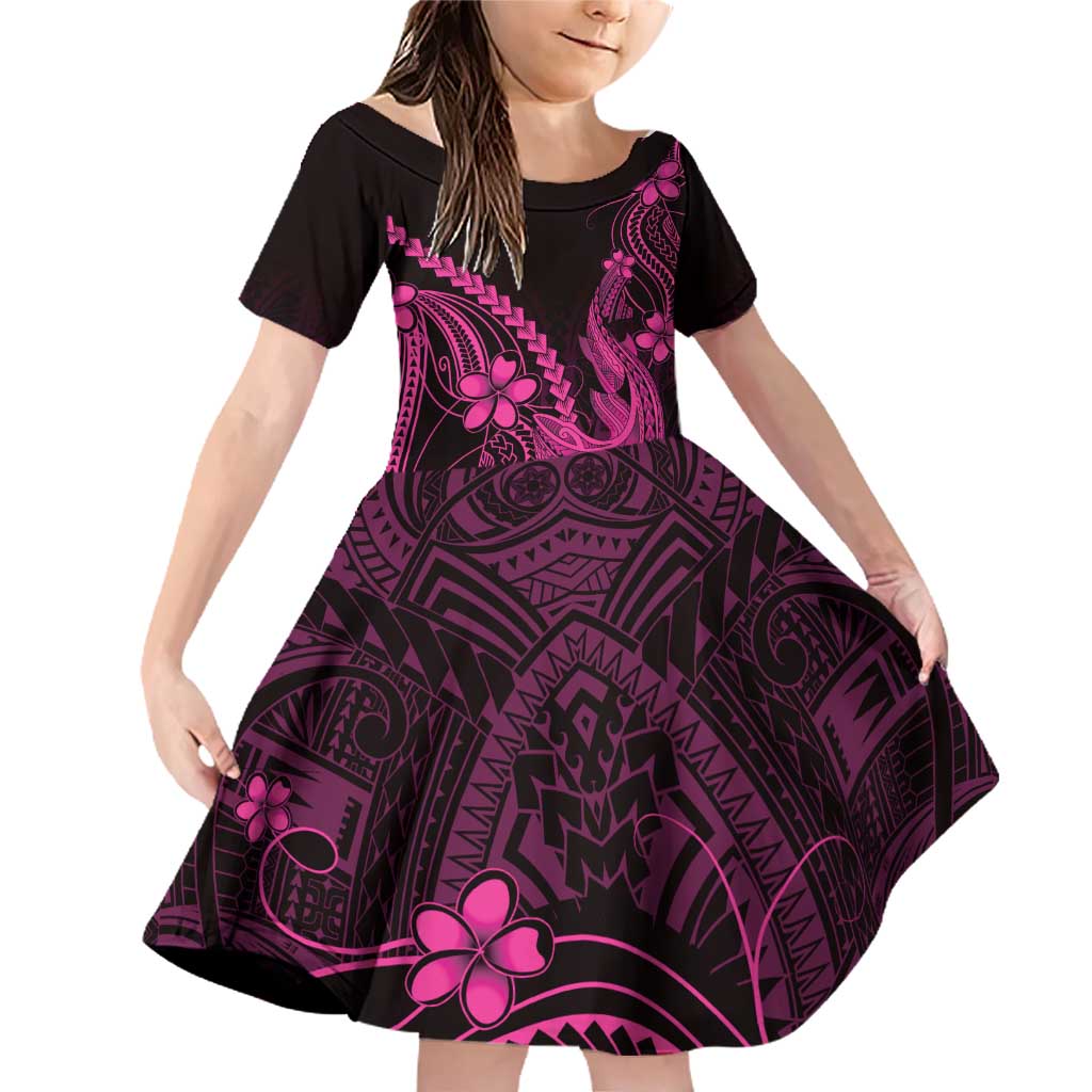 Pink Black Aloha Hawaii Family Matching Off Shoulder Short Dress and Hawaiian Shirt Polynesian Shark Tattoo With Plumeria - Polynesian Pride