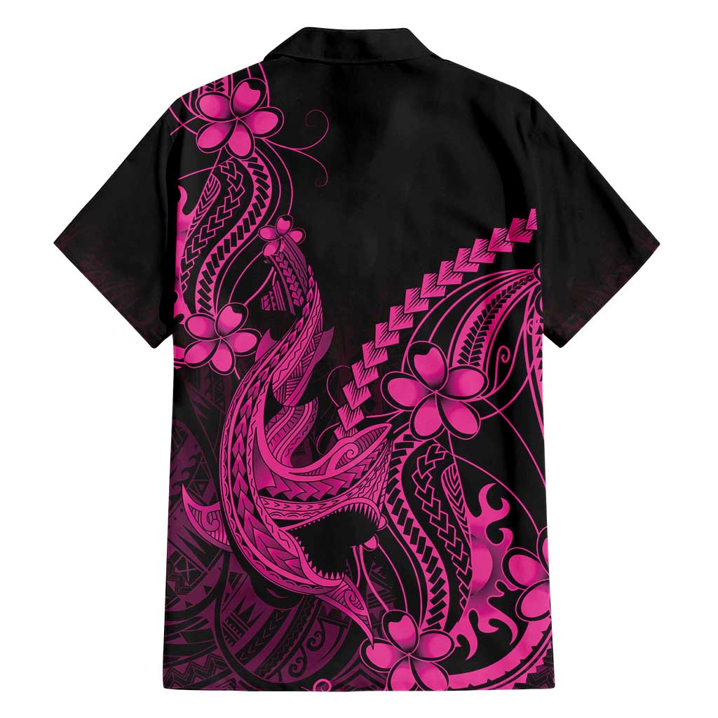 Pink Black Aloha Hawaii Family Matching Off Shoulder Short Dress and Hawaiian Shirt Polynesian Shark Tattoo With Plumeria - Polynesian Pride