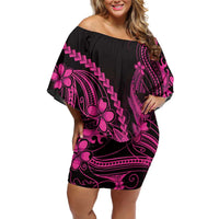 Pink Black Aloha Hawaii Family Matching Off Shoulder Short Dress and Hawaiian Shirt Polynesian Shark Tattoo With Plumeria - Polynesian Pride