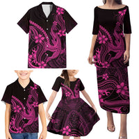 Pink Black Aloha Hawaii Family Matching Puletasi and Hawaiian Shirt Polynesian Shark Tattoo With Plumeria - Polynesian Pride