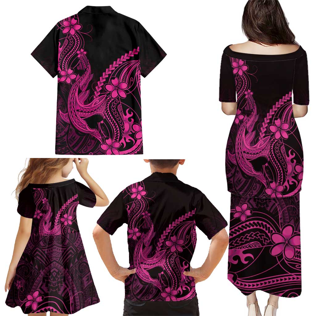 Pink Black Aloha Hawaii Family Matching Puletasi and Hawaiian Shirt Polynesian Shark Tattoo With Plumeria - Polynesian Pride