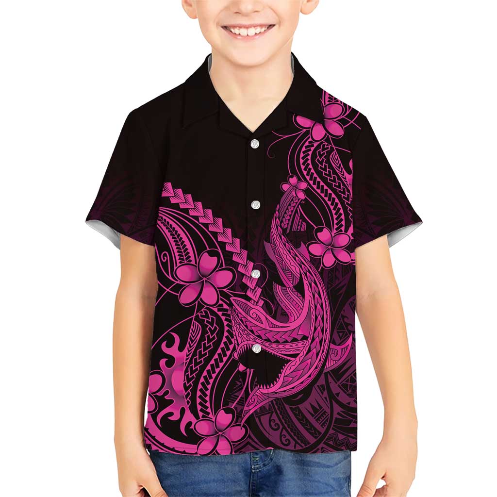 Pink Black Aloha Hawaii Family Matching Puletasi and Hawaiian Shirt Polynesian Shark Tattoo With Plumeria - Polynesian Pride