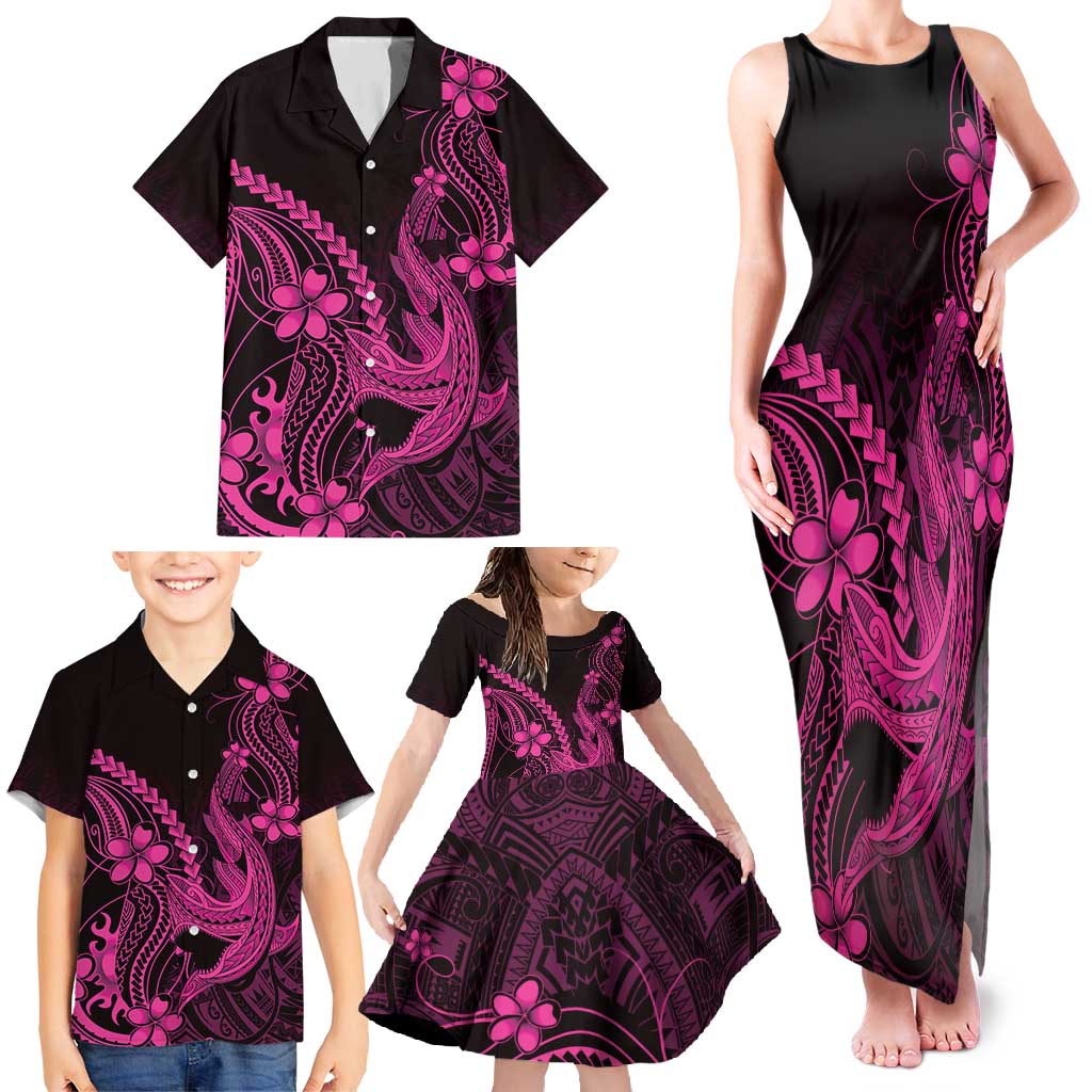 Pink Black Aloha Hawaii Family Matching Tank Maxi Dress and Hawaiian Shirt Polynesian Shark Tattoo With Plumeria - Polynesian Pride