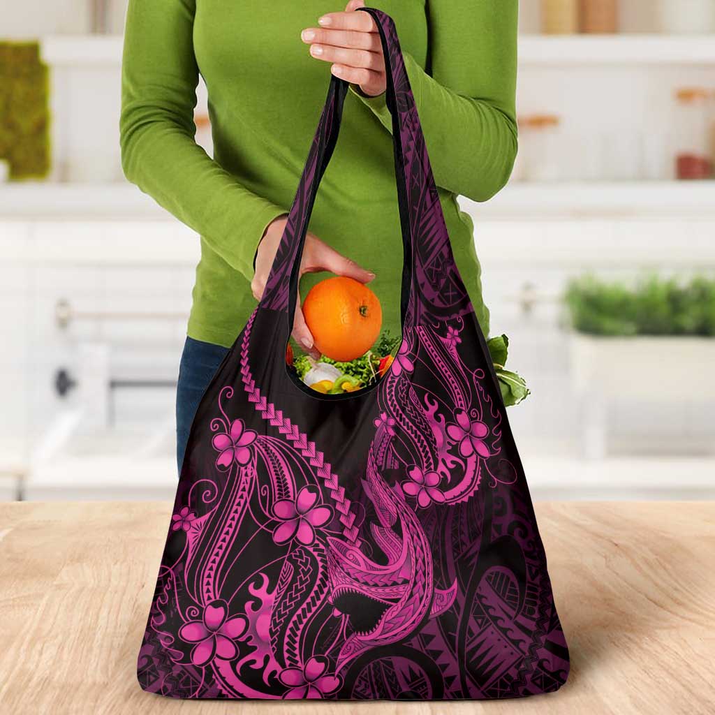 Pink Black Aloha Hawaii Grocery Bag Polynesian Shark Tattoo With Plumeria - Polynesian Pride