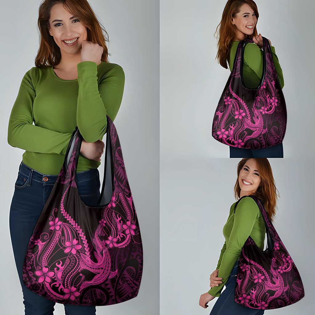 Pink Black Aloha Hawaii Grocery Bag Polynesian Shark Tattoo With Plumeria - Polynesian Pride