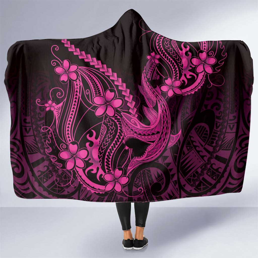 Pink Black Aloha Hawaii Hooded Blanket Polynesian Shark Tattoo With Plumeria LT14 One Size Pink - Polynesian Pride