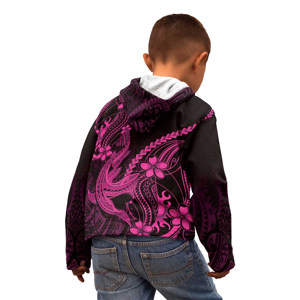 Pink Black Aloha Hawaii Kid Hoodie Polynesian Shark Tattoo With Plumeria - Polynesian Pride