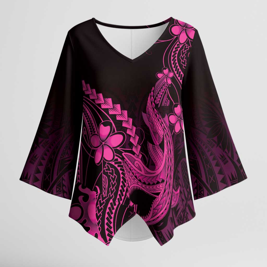 Pink Black Aloha Hawaii Kimono Sleeve Blouse - Polynesian Shark Tattoo With Plumeria LT14 Female Pink - Polynesian Pride