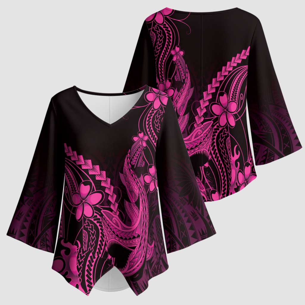 Pink Black Aloha Hawaii Kimono Sleeve Blouse - Polynesian Shark Tattoo With Plumeria LT14 - Polynesian Pride