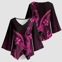 Pink Black Aloha Hawaii Kimono Sleeve Blouse - Polynesian Shark Tattoo With Plumeria LT14 - Polynesian Pride
