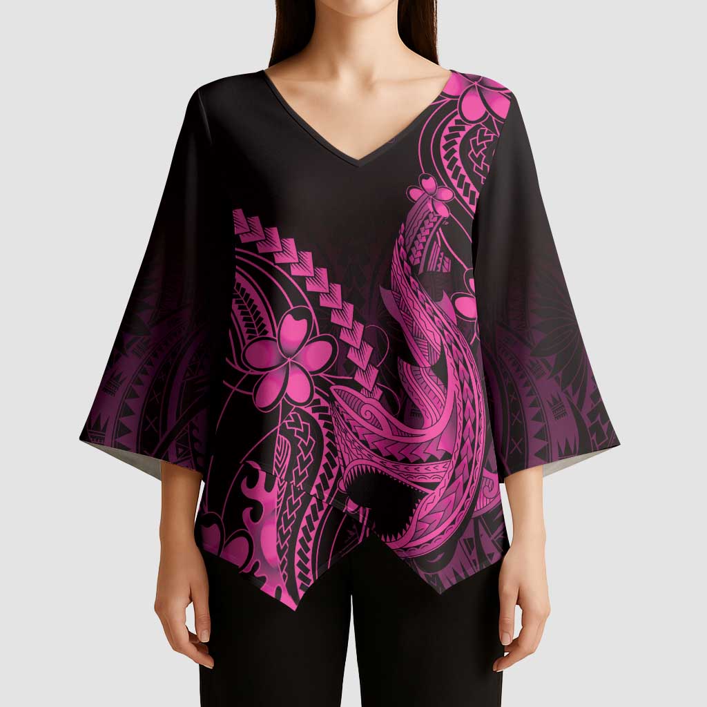 Pink Black Aloha Hawaii Kimono Sleeve Blouse - Polynesian Shark Tattoo With Plumeria LT14 - Polynesian Pride
