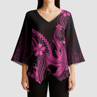 Pink Black Aloha Hawaii Kimono Sleeve Blouse - Polynesian Shark Tattoo With Plumeria LT14 - Polynesian Pride