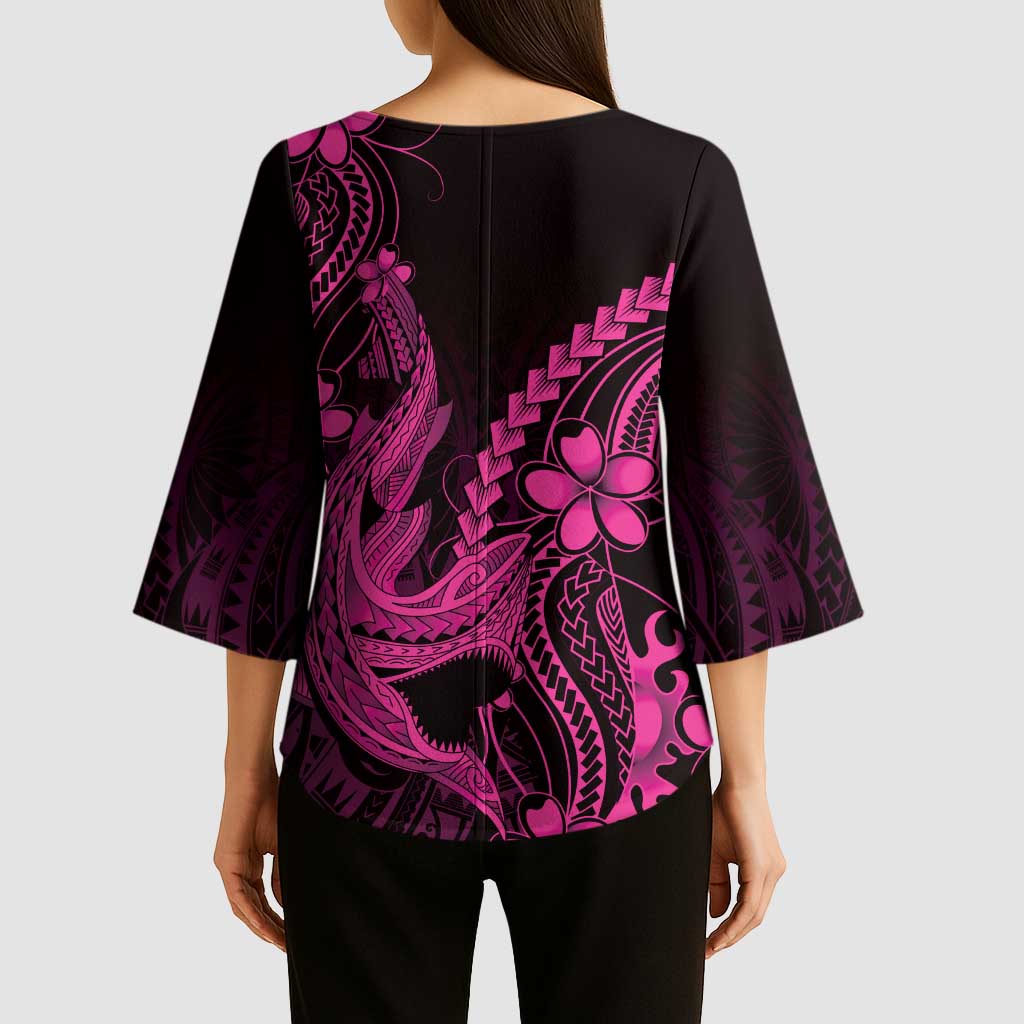 Pink Black Aloha Hawaii Kimono Sleeve Blouse - Polynesian Shark Tattoo With Plumeria LT14 - Polynesian Pride