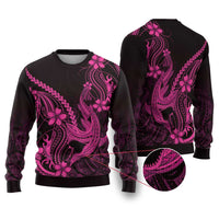 Pink Black Aloha Hawaii Ugly Christmas Sweater Polynesian Shark Tattoo With Plumeria - Polynesian Pride