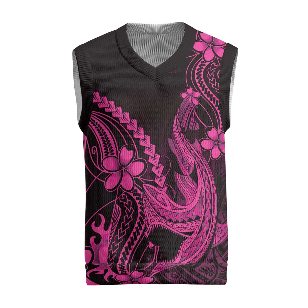 Pink Black Aloha Hawaii Christmas Knitted V-Neck Vest Polynesian Shark Tattoo With Plumeria - Polynesian Pride