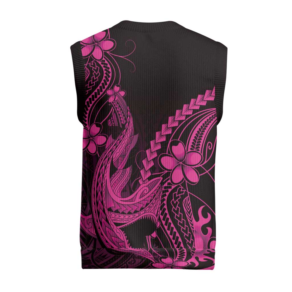 Pink Black Aloha Hawaii Christmas Knitted V-Neck Vest Polynesian Shark Tattoo With Plumeria - Polynesian Pride