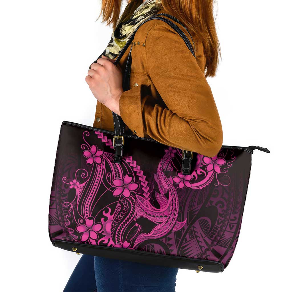 Pink Black Aloha Hawaii Leather Tote Bag Polynesian Shark Tattoo With Plumeria - Polynesian Pride