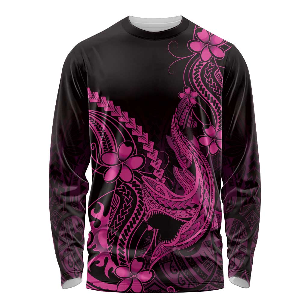 Pink Black Aloha Hawaii Long Sleeve Shirt Polynesian Shark Tattoo With Plumeria LT14 Unisex Pink - Polynesian Pride