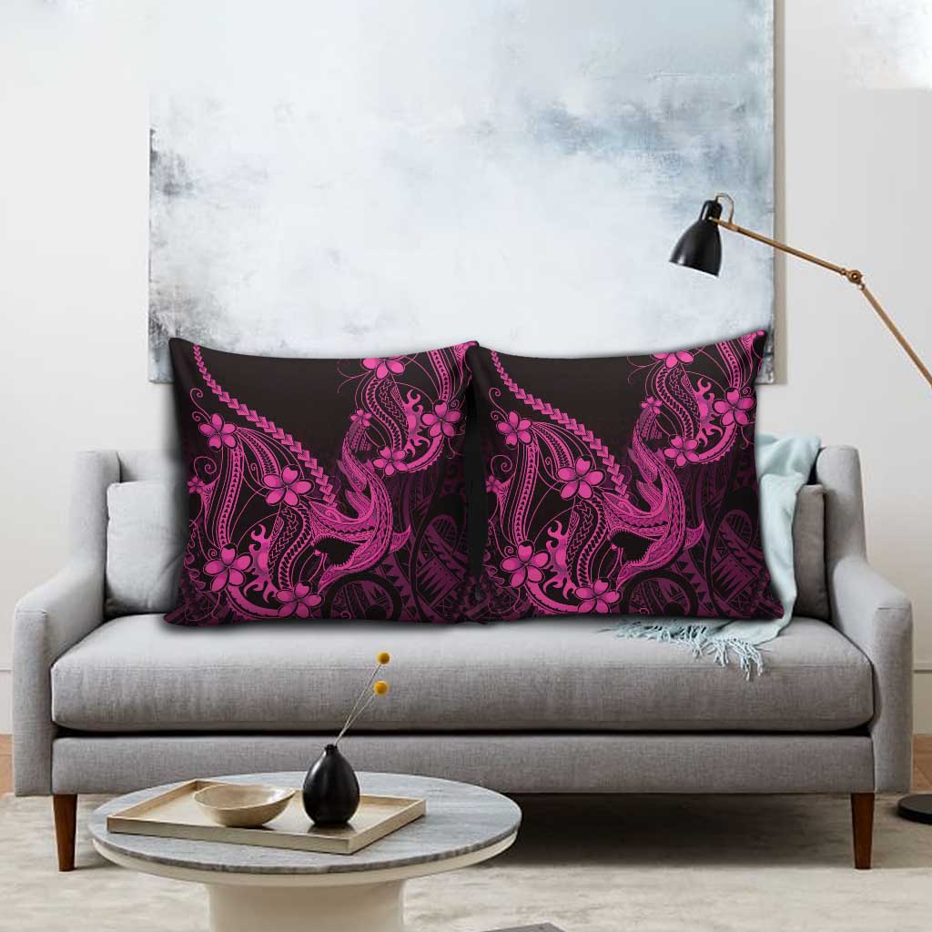 Pink Black Aloha Hawaii Pillow Cover Polynesian Shark Tattoo With Plumeria - Polynesian Pride