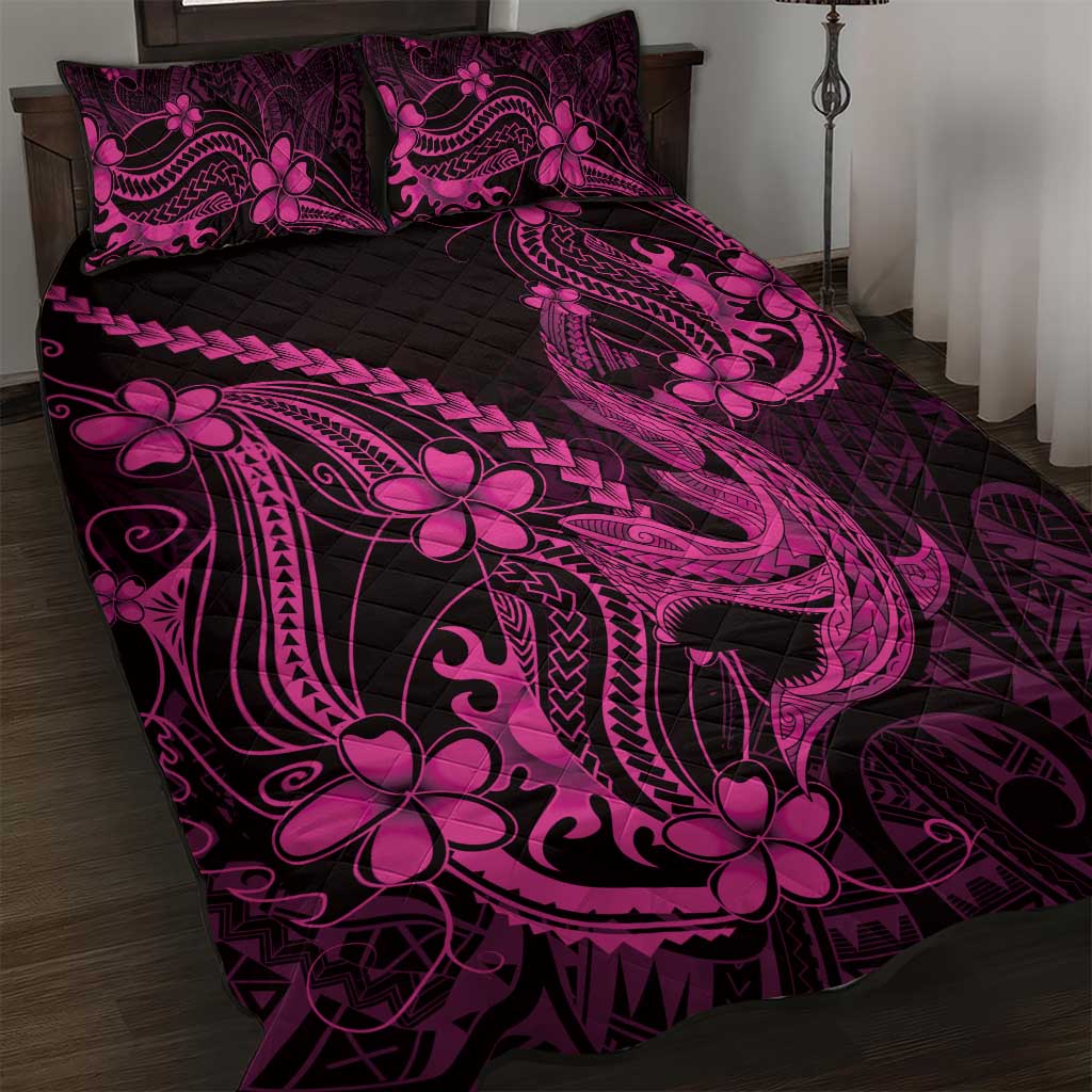 Pink Black Aloha Hawaii Quilt Bed Set Polynesian Shark Tattoo With Plumeria - Polynesian Pride