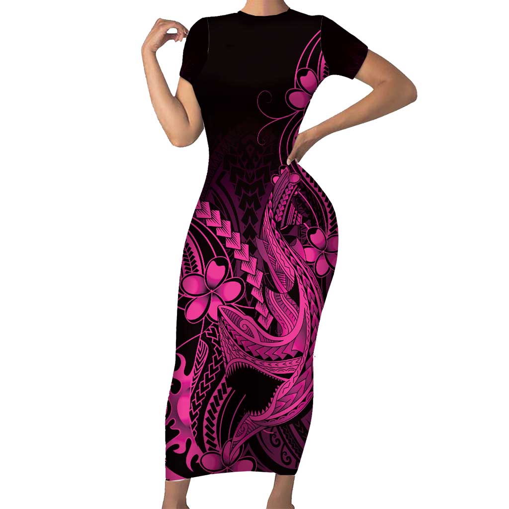 Pink Black Aloha Hawaii Short Sleeve Bodycon Dress Polynesian Shark Tattoo With Plumeria - Polynesian Pride
