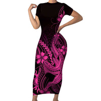 Pink Black Aloha Hawaii Short Sleeve Bodycon Dress Polynesian Shark Tattoo With Plumeria - Polynesian Pride