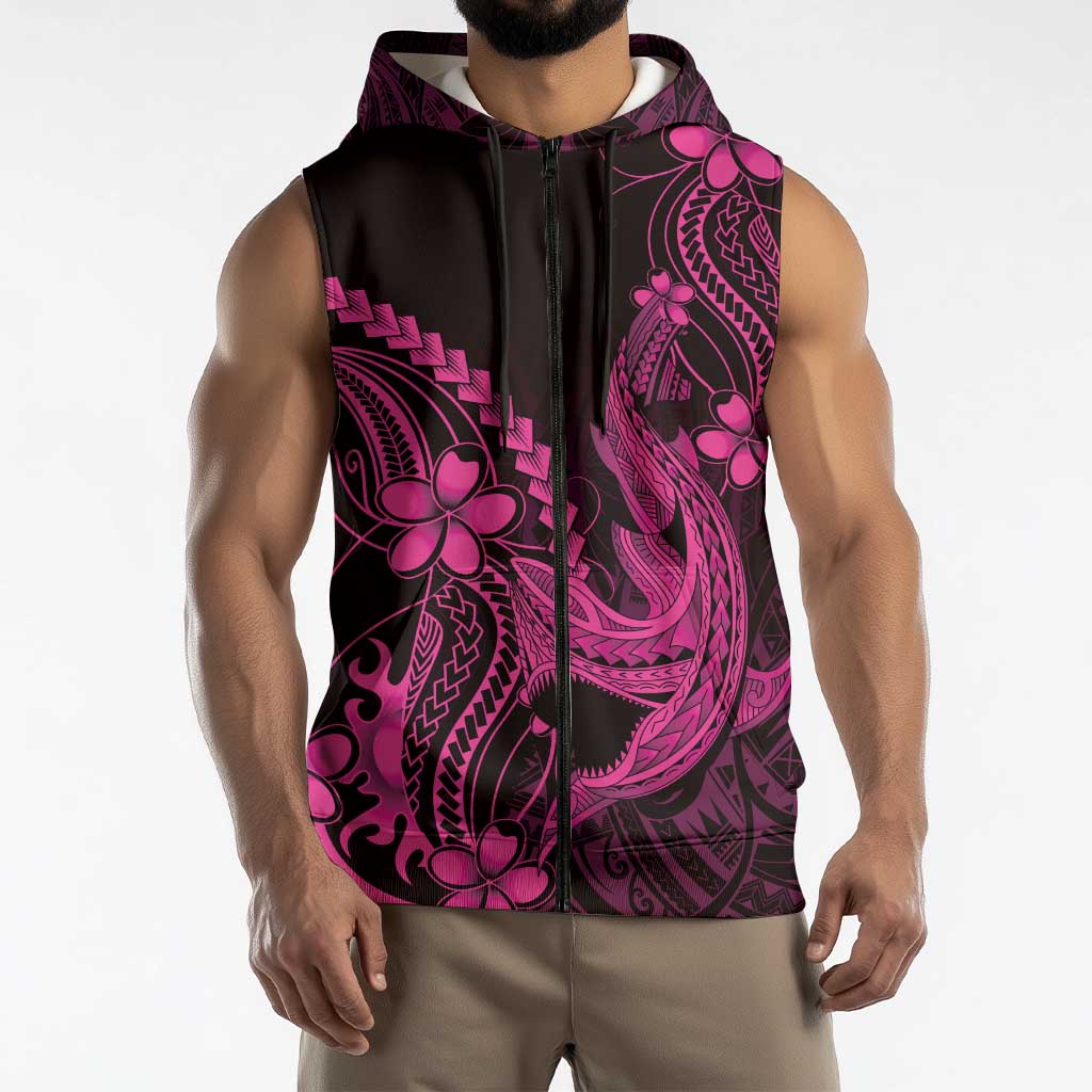 Pink Black Aloha Hawaii Sleeveless Zip Hoodie Polynesian Shark Tattoo With Plumeria LT14 - Polynesian Pride
