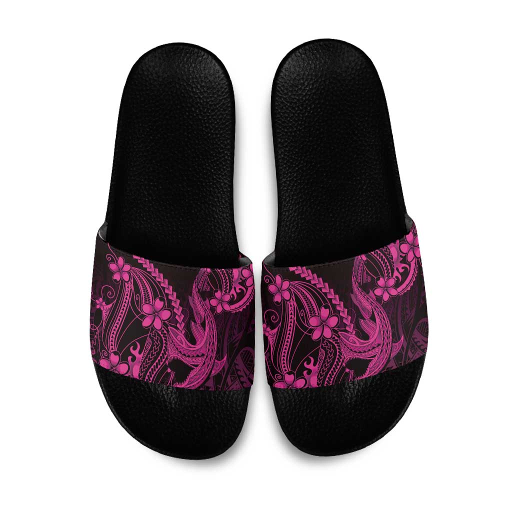 Pink Black Aloha Hawaii Slide Sandals Polynesian Shark Tattoo With Plumeria - Polynesian Pride