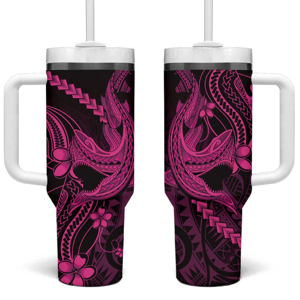 Pink Black Aloha Hawaii Tumbler With Handle Polynesian Shark Tattoo With Plumeria - Polynesian Pride