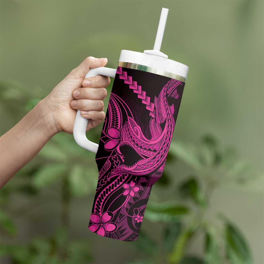 Pink Black Aloha Hawaii Tumbler With Handle Polynesian Shark Tattoo With Plumeria - Polynesian Pride
