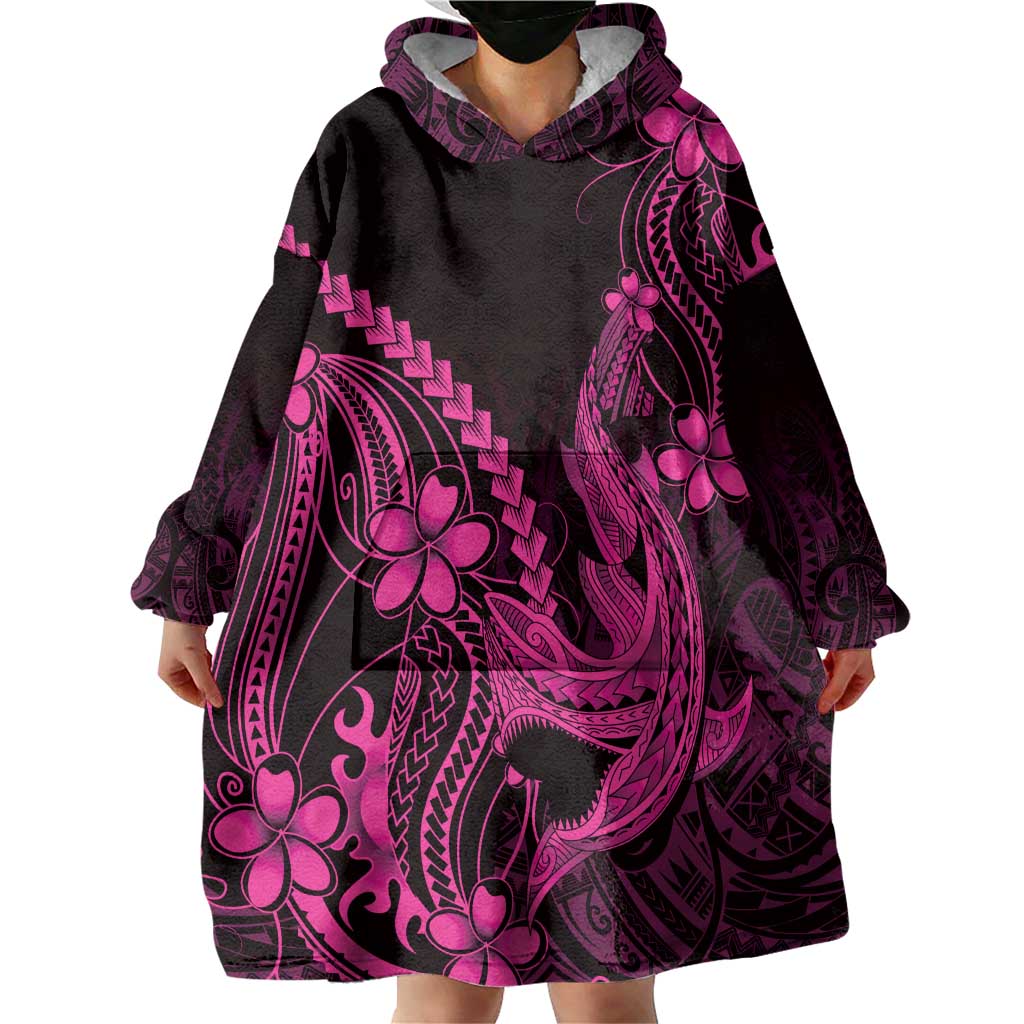 Pink Black Aloha Hawaii Wearable Blanket Hoodie Polynesian Shark Tattoo With Plumeria LT14 - Polynesian Pride