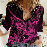 Pink Black Aloha Hawaii Women Casual Shirt Polynesian Shark Tattoo With Plumeria - Polynesian Pride