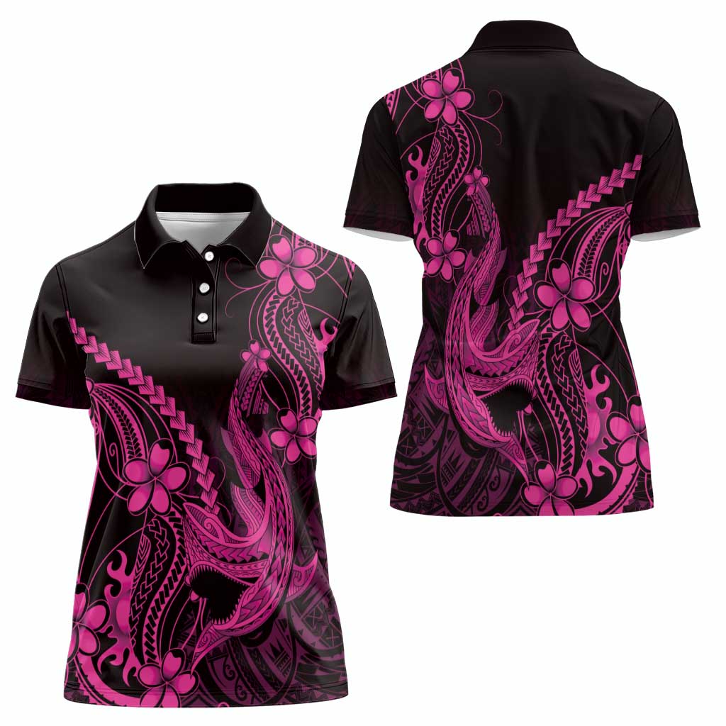 Pink Black Aloha Hawaii Women Polo Shirt Polynesian Shark Tattoo With Plumeria - Polynesian Pride