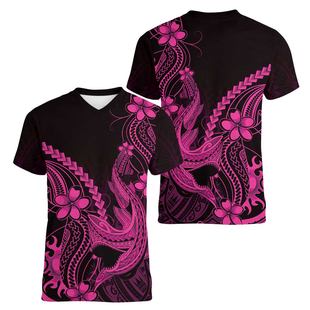 Pink Black Aloha Hawaii Women V-Neck T-Shirt Polynesian Shark Tattoo With Plumeria - Polynesian Pride
