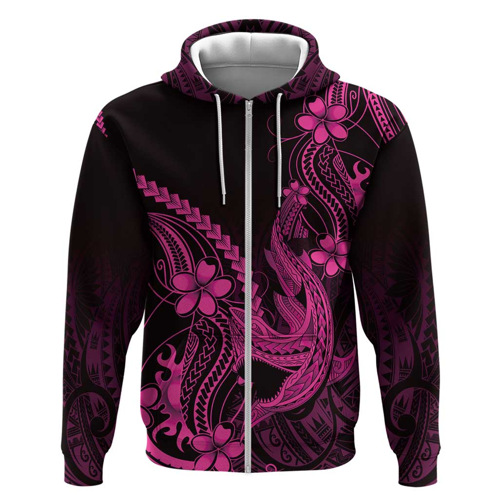 Pink Black Aloha Hawaii Zip Hoodie Polynesian Shark Tattoo With Plumeria LT14 Zip Hoodie Pink - Polynesian Pride