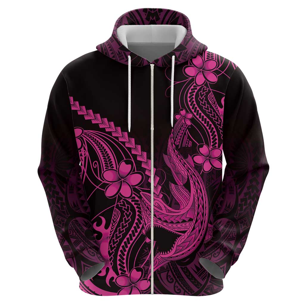 Pink Black Aloha Hawaii Zip Hoodie Polynesian Shark Tattoo With Plumeria LT14 - Polynesian Pride