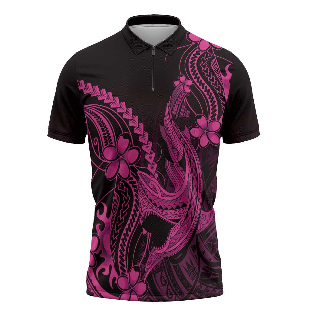 Pink Black Aloha Hawaii Zipper Polo Shirt Polynesian Shark Tattoo With Plumeria - Polynesian Pride